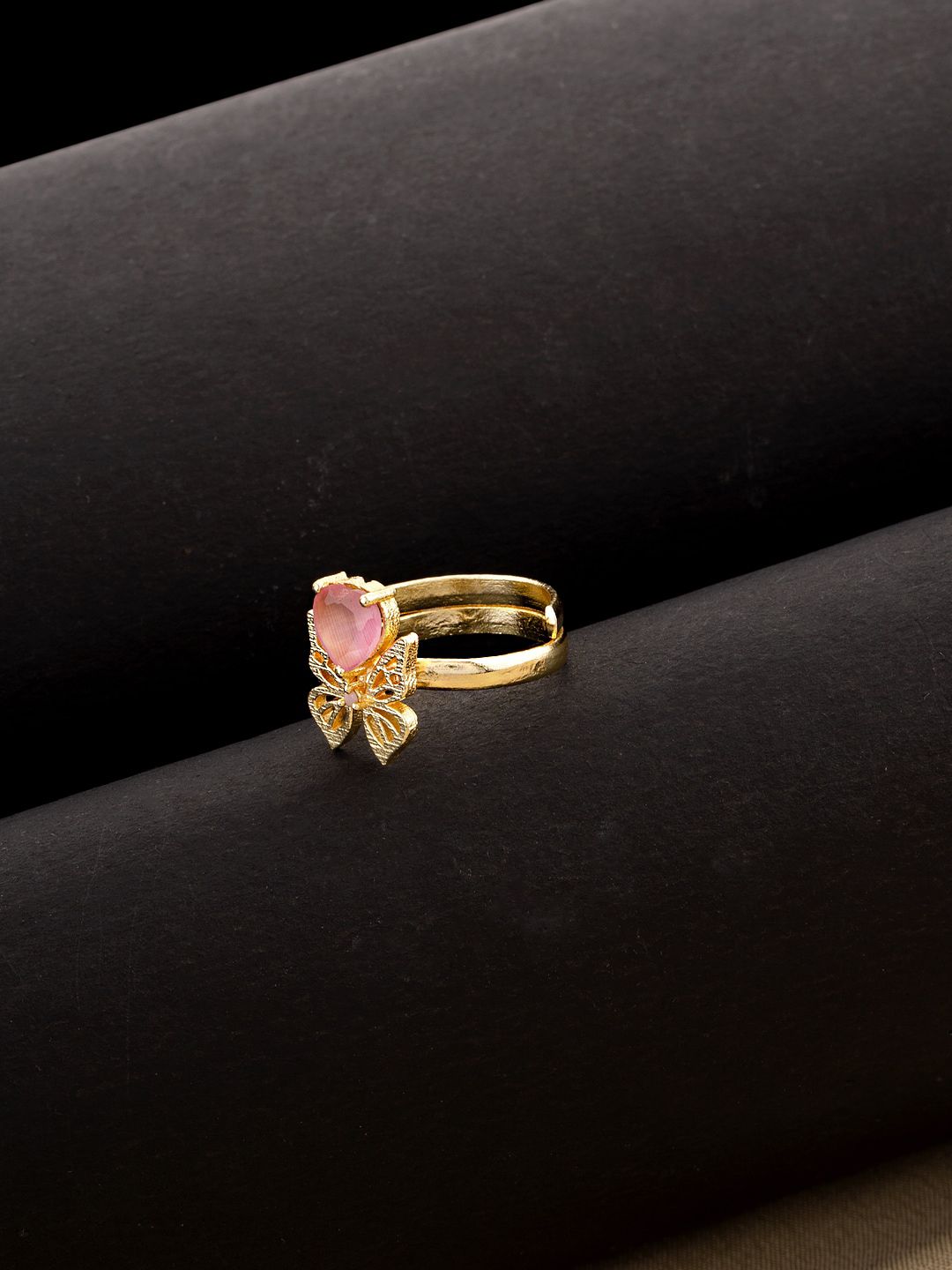 Studio Voylla Gold-Plated Pink Gemstone-Studded Love Paradise Butterfly Adjustable Finger Ring Price in India