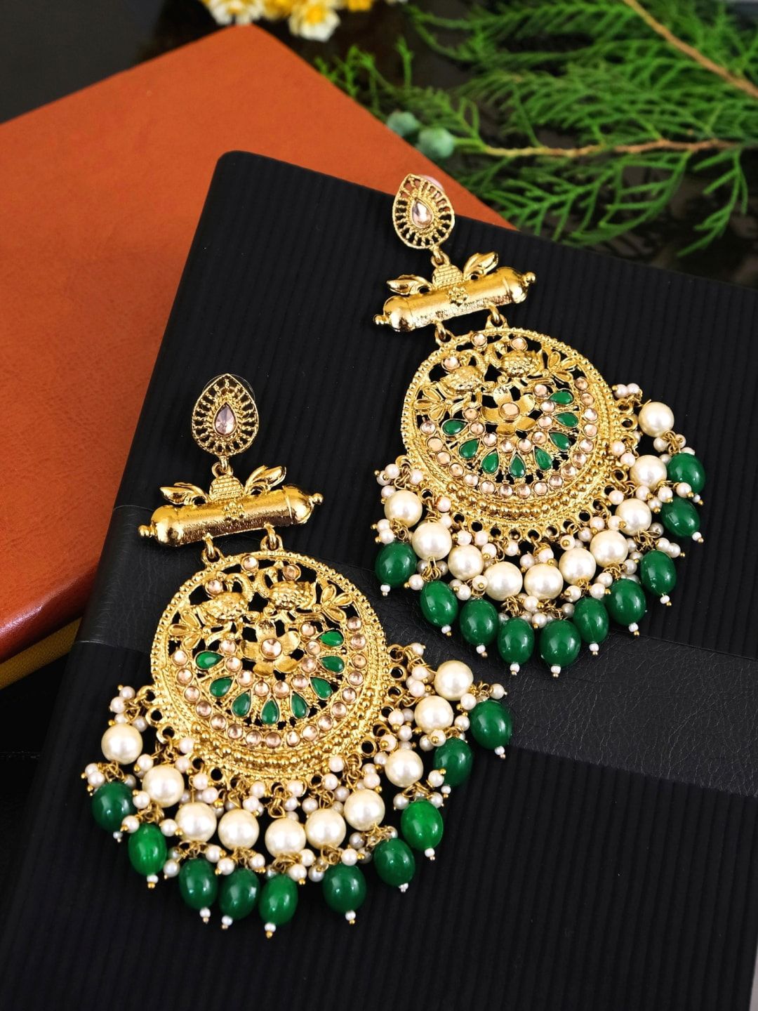 Crunchy Fashion Green & Off-White Gold-Plated Studded & Beaded Handcrafted Chandbalis Price in India