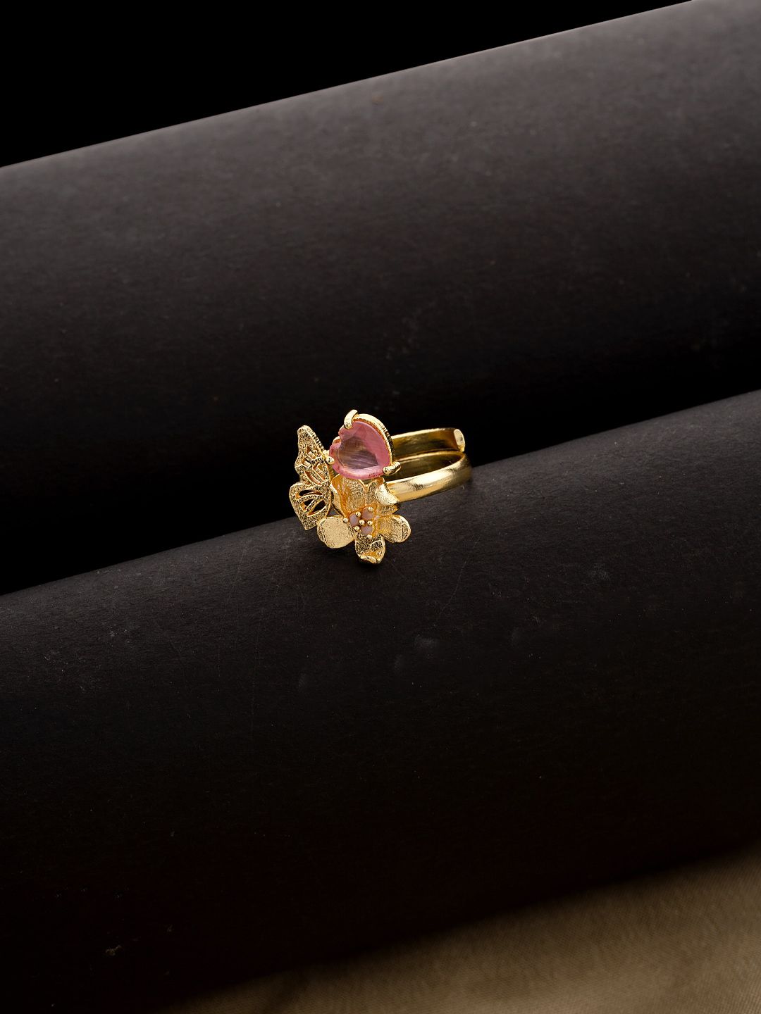 Studio Voylla Gold-Plated Pink Gem-Studded Love Paradise Adjustable Finger Ring Price in India