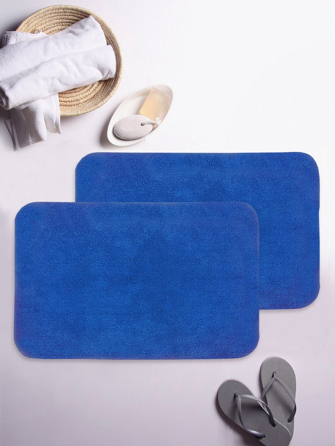 BIANCA Set Of 2 Blue Solid 1000 GSM Anti-Skid Soft-Cotton Bath Rugs Price in India