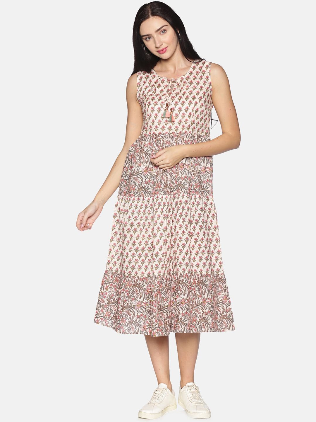 Saffron Threads Women Peach-Coloured Printed Fit and Flare Dress Price in India