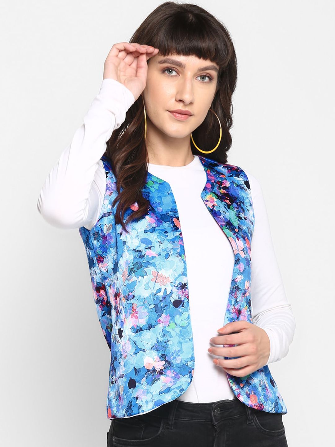 Hangup Women Blue Floral Printed Lightweight Tailored Jacket Price in India