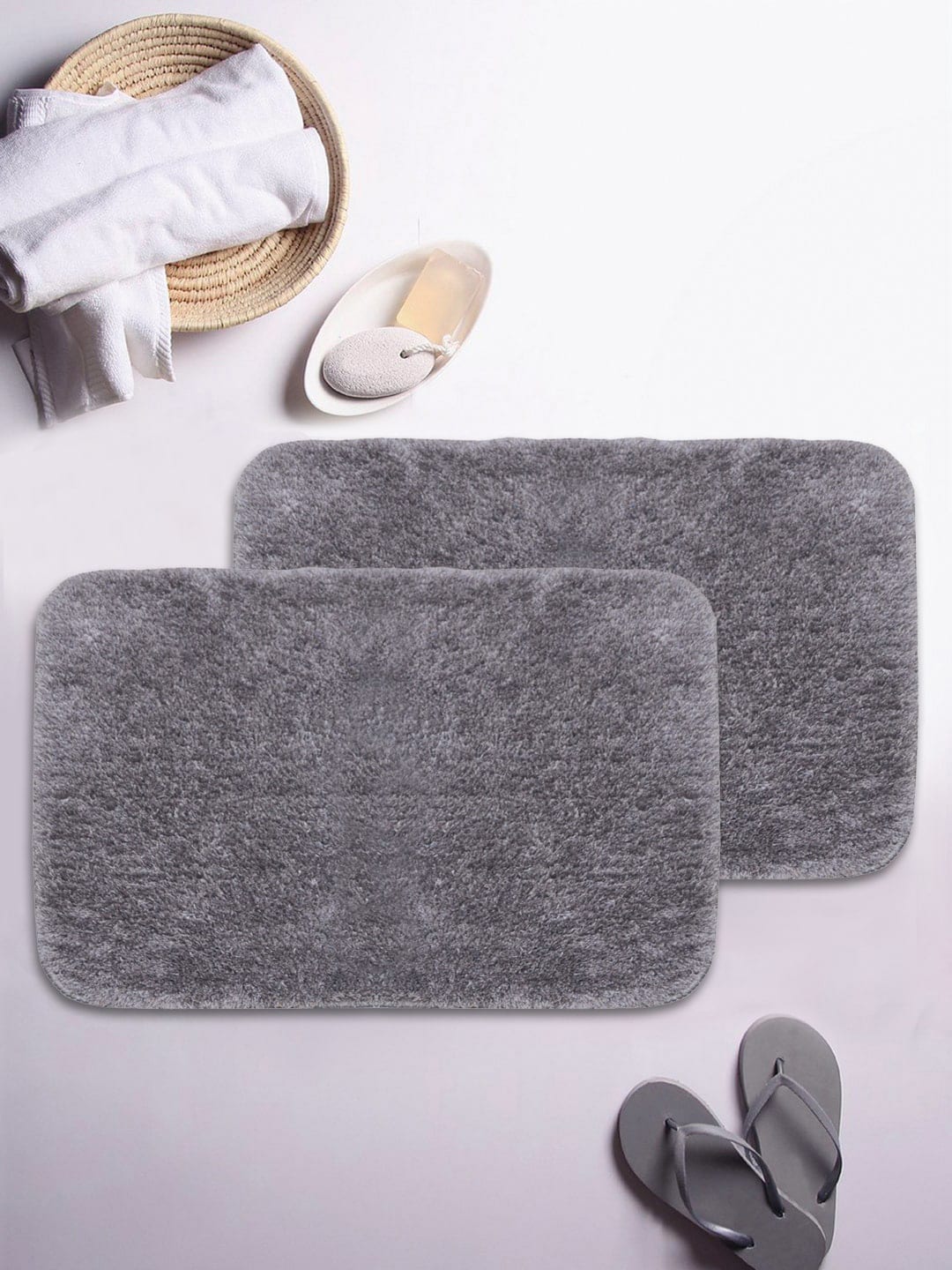 BIANCA Set Of 2 Grey Solid 1850 GSM Anti-Skid Ultra-Soft Fluffy Bath Rugs Price in India