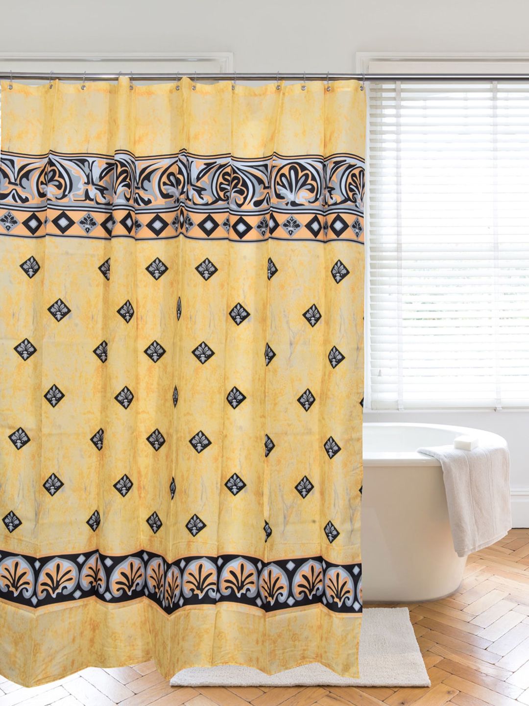 Clasiko Yellow & Black Printed Polyester Shower Curtain With Hooks Price in India