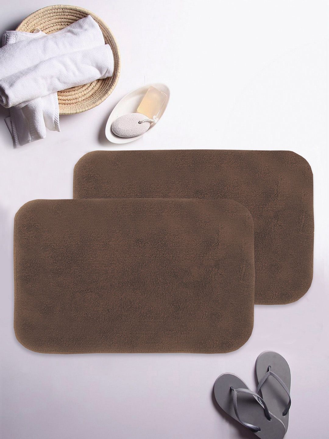 BIANCA Set of 2 Brown Solid 1000 GSM Anti-Skid Soft-Cotton Bath Rugs Price in India