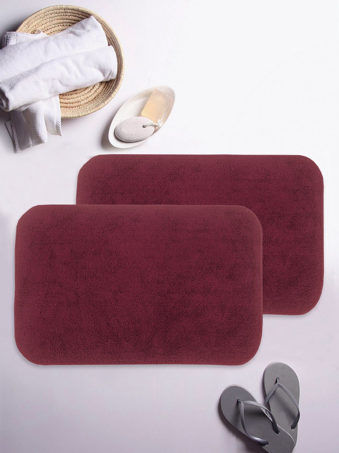 BIANCA Set Of 2 Maroon Solid 1000 GSM Anti-Skid Soft-Cotton Bath Rugs Price in India