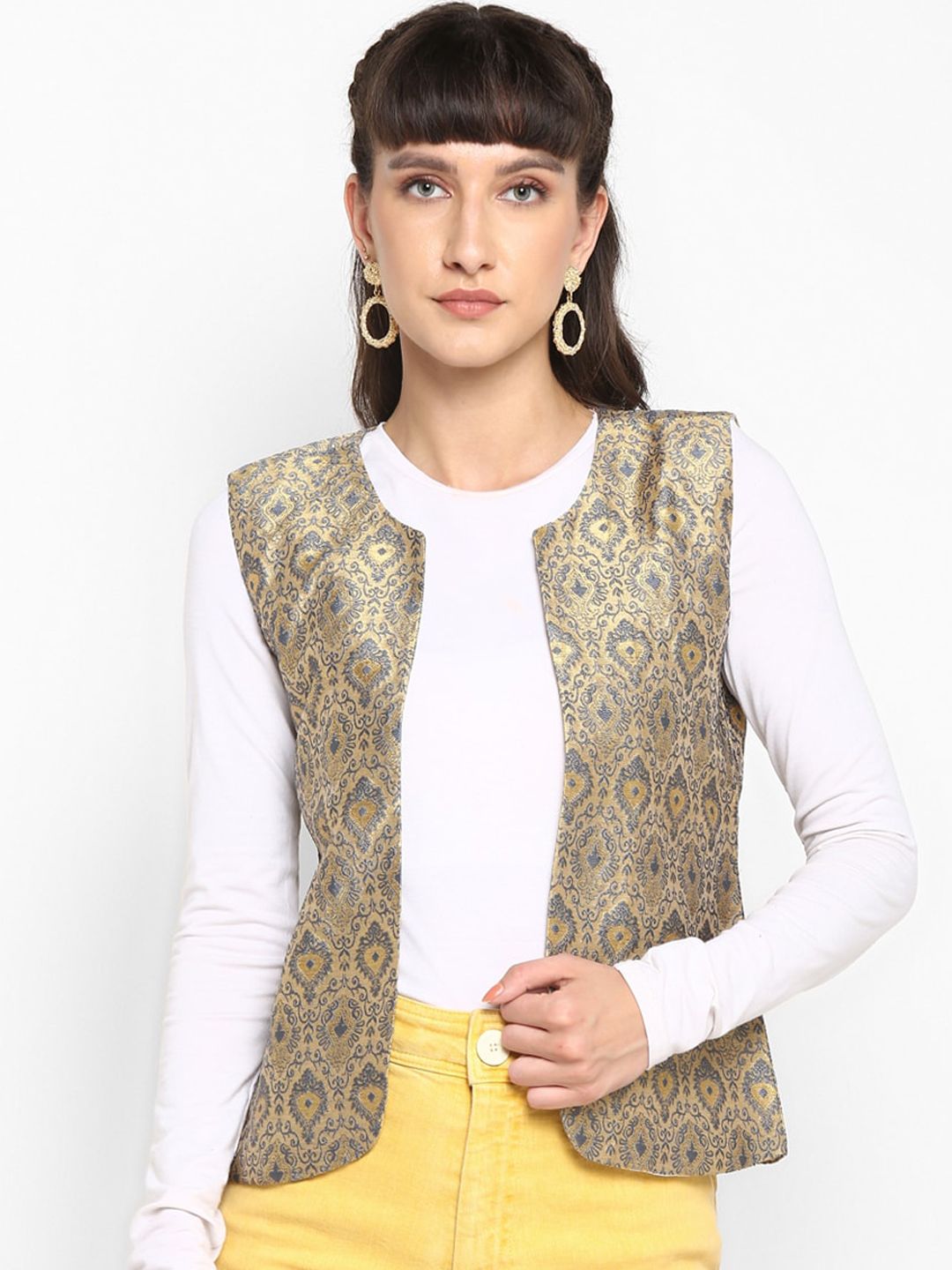 Hangup Women Golden & Grey Woven Design Open Front Ethnic Jacket Price in India