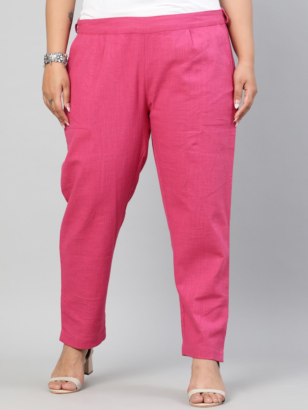 Jaipur Kurti Women Pink Regular Fit Solid Regular Trousers Price in India