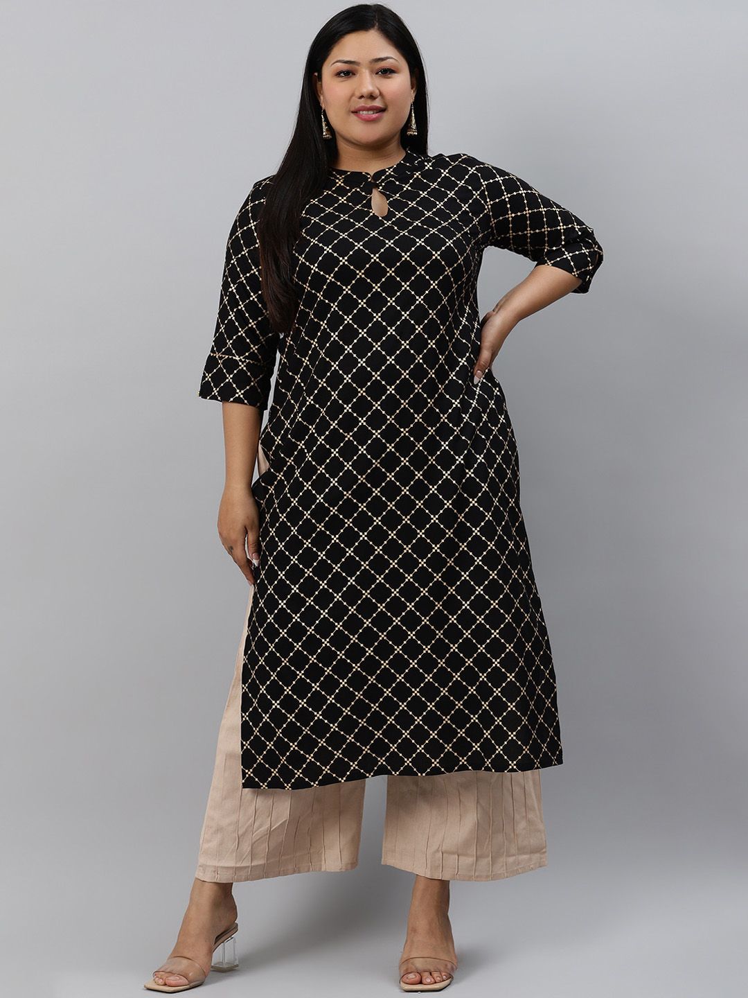 EXTRA LOVE BY LIBAS Women Plus Size Black & Gold-Toned Checked Keyhole Neck Kurta Price in India