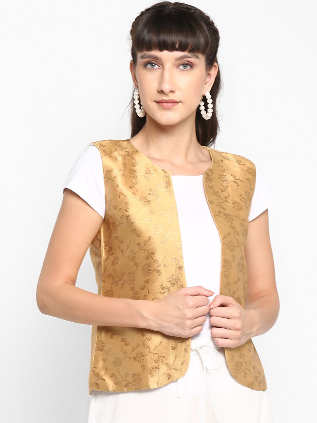 Hangup Women Gold-Toned Printed Lightweight Open Front Jacket Price in India