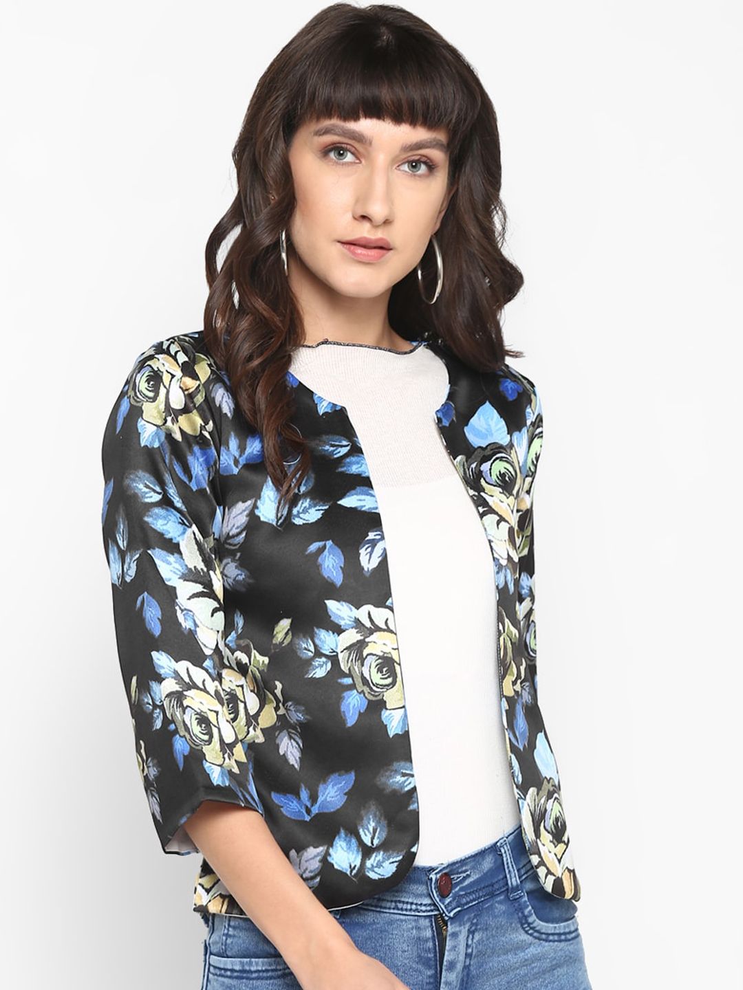 Hangup Women Black & Blue Floral Print Lightweight Open Front Jacket Price in India