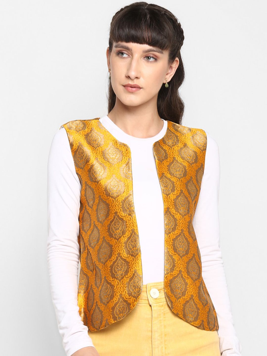Hangup Women Yellow Printed Lightweight Ethnic Open Front Jacket Price in India