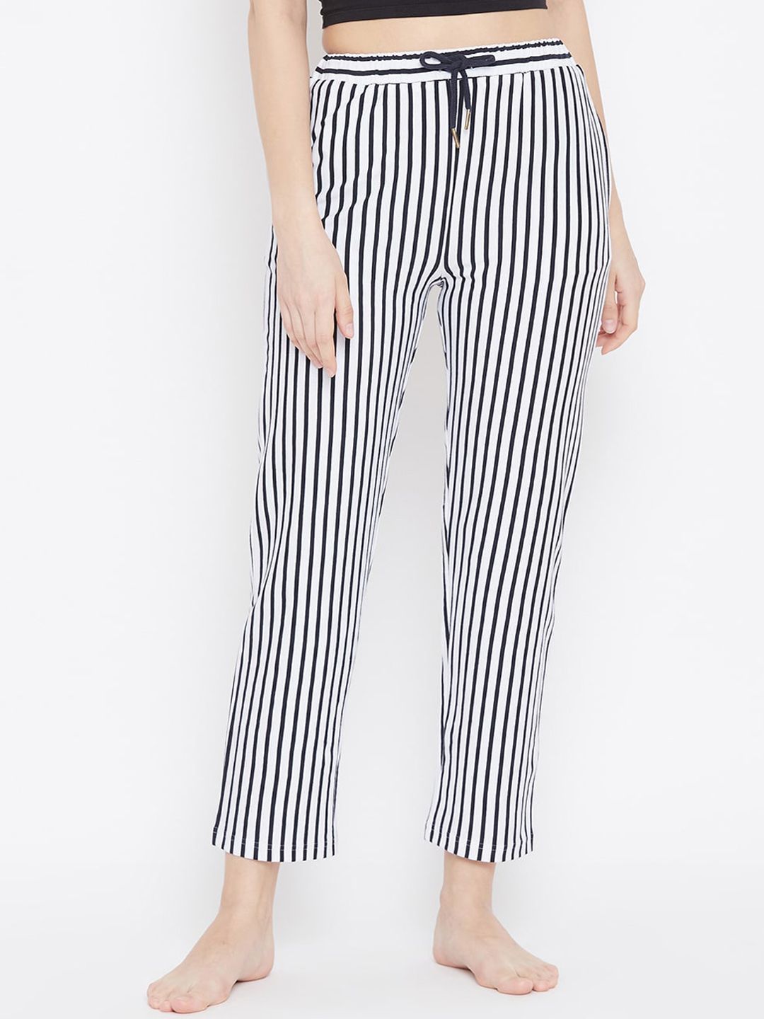 Hypernation Women Blue & White Striped Cotton Lounge Pants Price in India