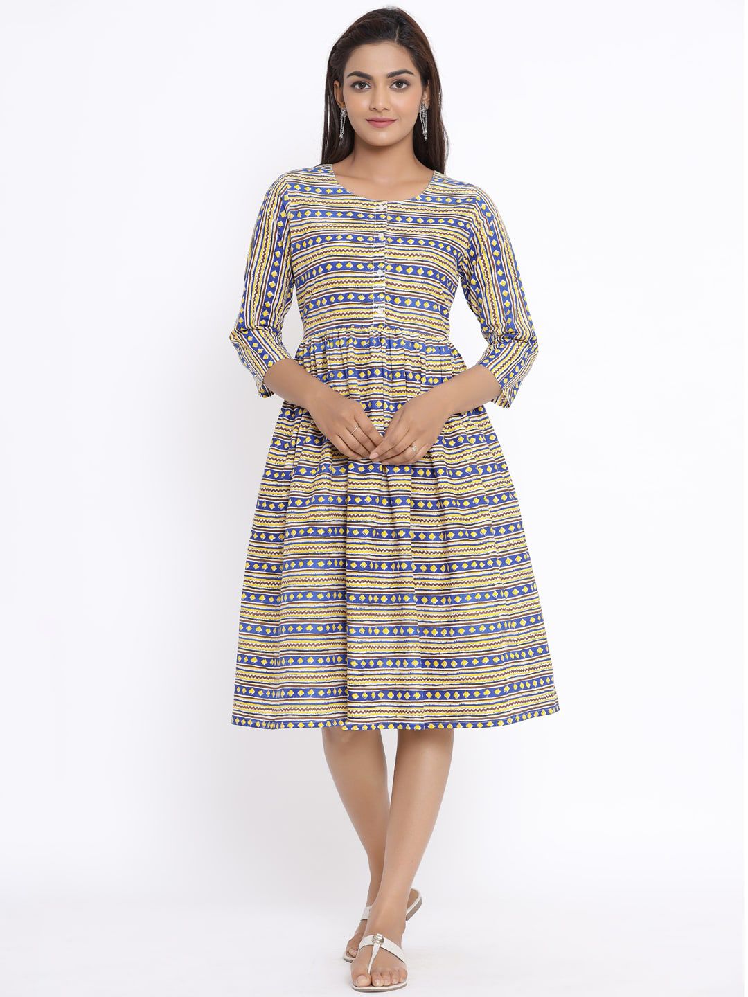 Sangria Women Blue & Yellow Geometric Print Pure Cotton A-Line Dress with Gathers Price in India