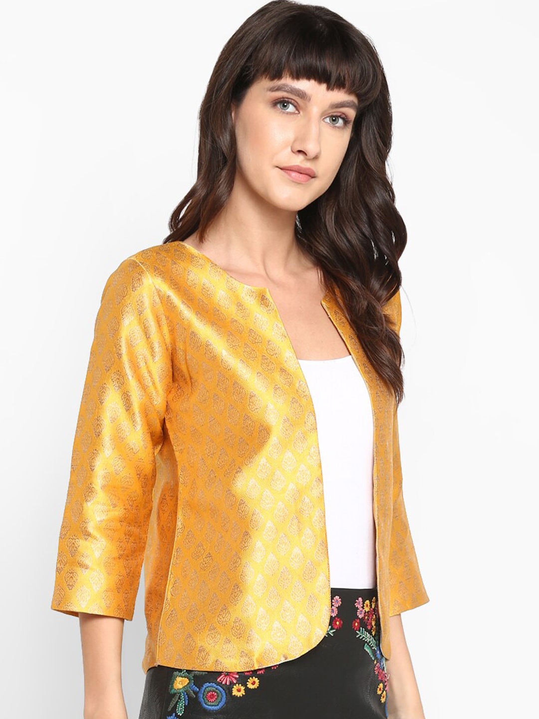 Hangup Women Yellow Printed Lightweight Open Front Jacket Price in India