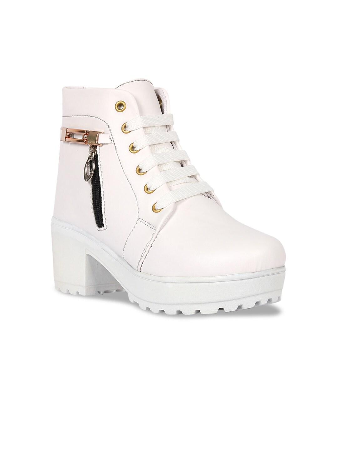 Bella Toes Women White Solid Heeled Boots Price in India