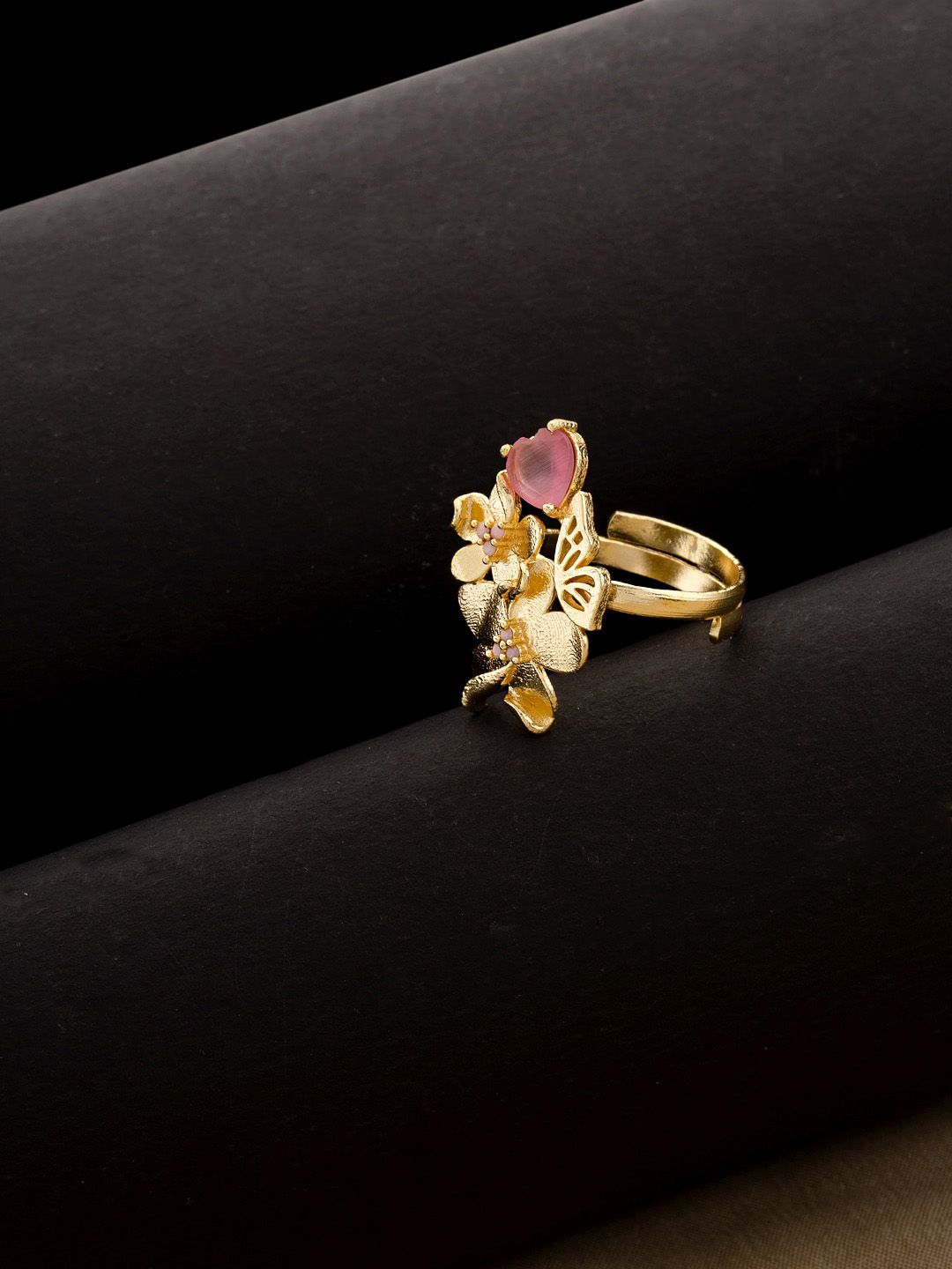 Studio Voylla Gold-Plated Pink Stone-Studded Love Paradise Adjustable Finger Ring Price in India