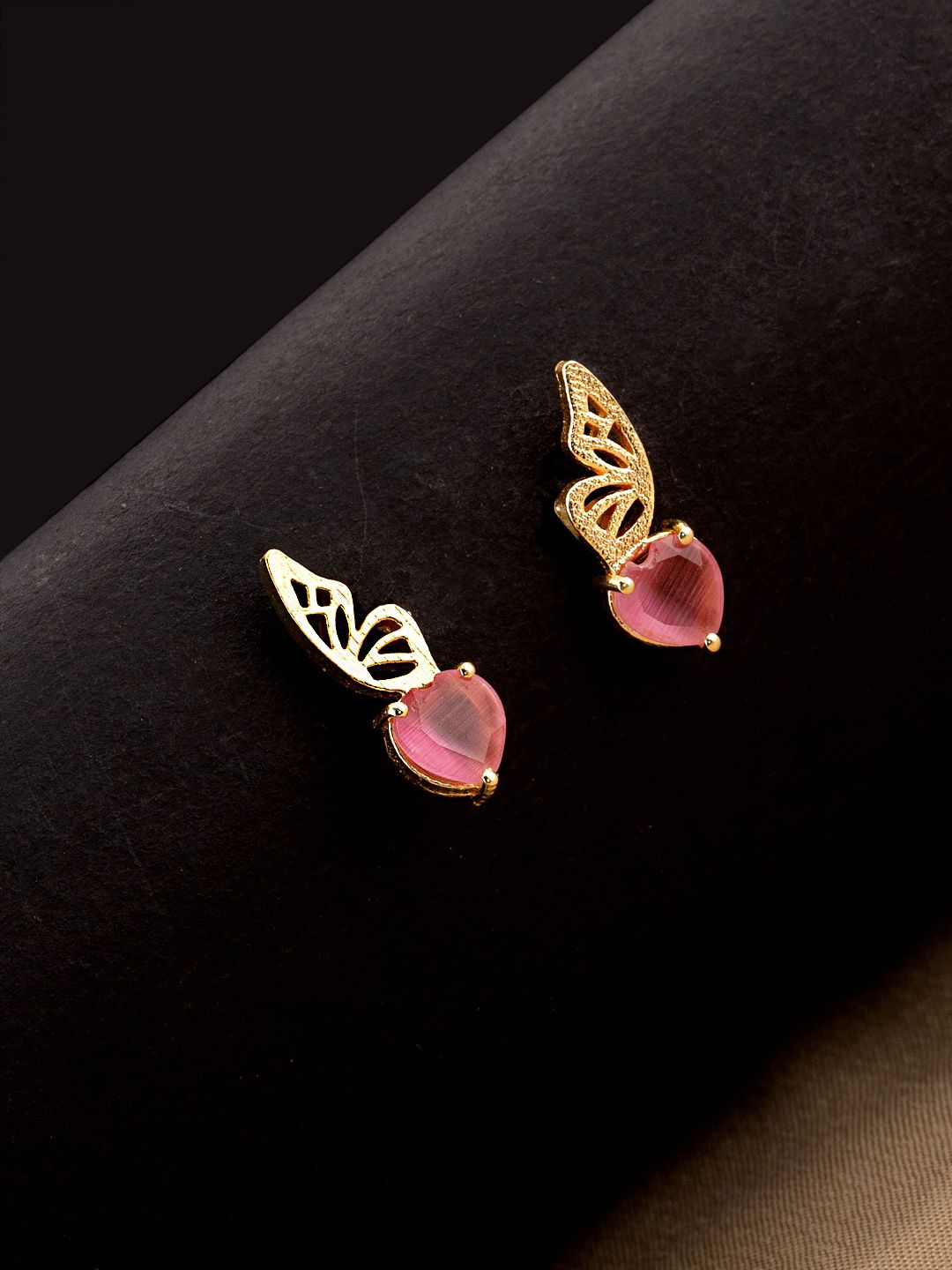 Studio Voylla Peach-Coloured Gold-Plated Stone Studded Butterfly Shaped Drop Earrings Price in India