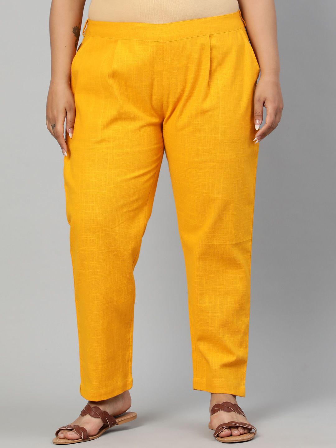 Jaipur Kurti Women Mustard Regular Fit Solid Regular Trousers Price in India