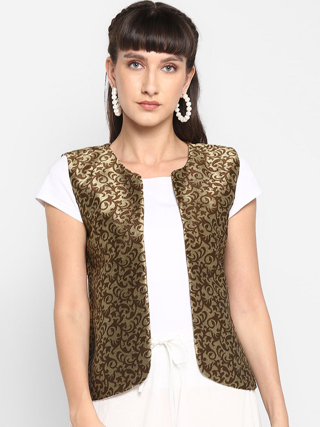 Hangup Women Brown Printed Lightweight Open Front Jacket Price in India