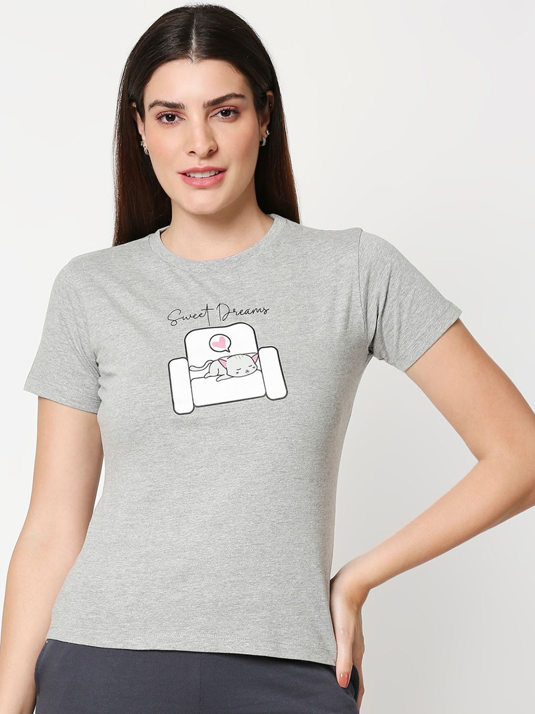 Bewakoof Women Grey Melange & White Printed Round Neck Lounge T-shirt Price in India