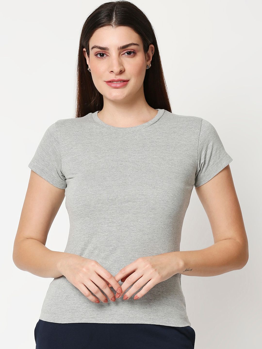 Bewakoof Women Grey Melange Regular Fit Solid Round Neck Lounge T-shirt Price in India