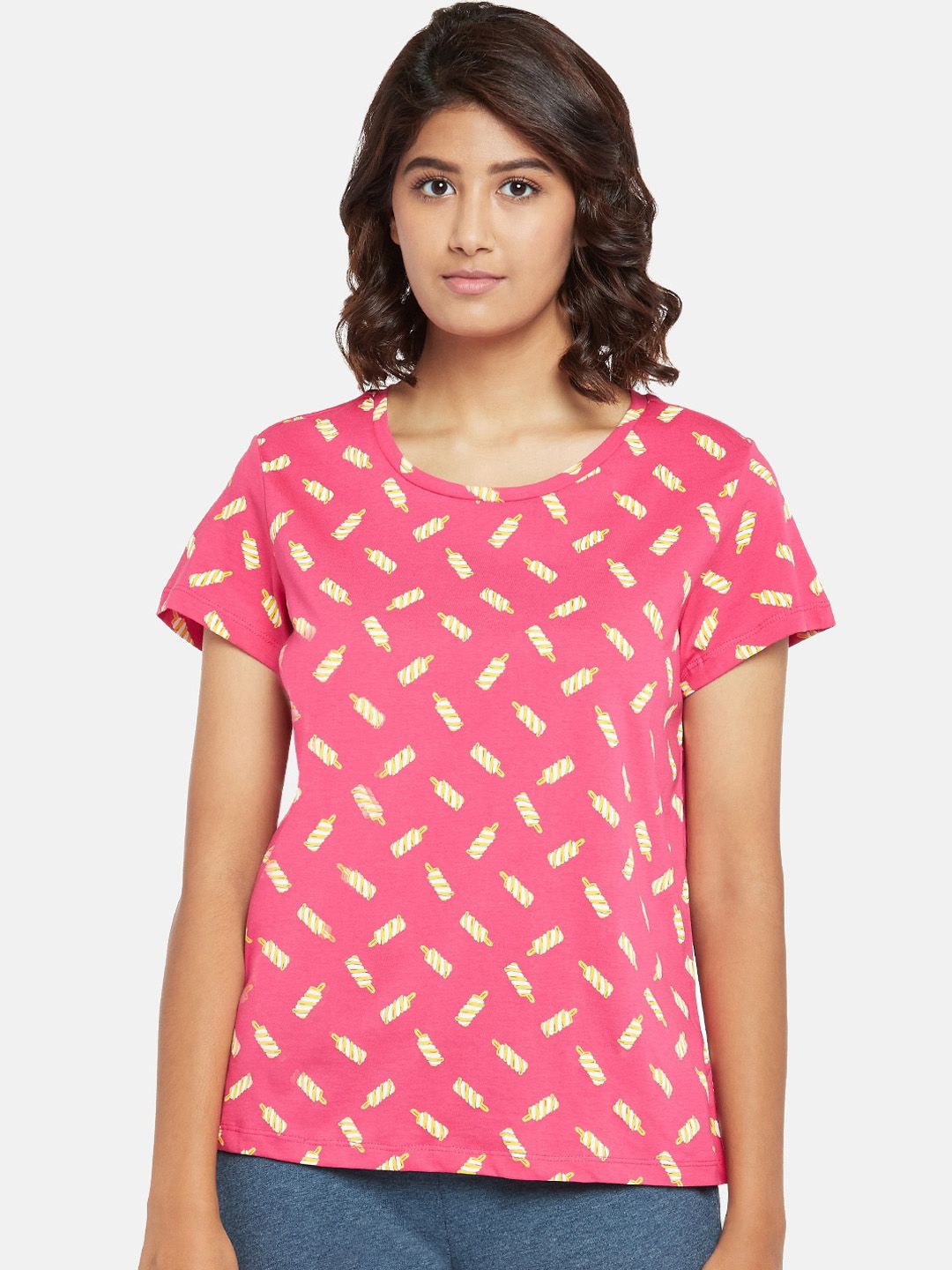 Dreamz by Pantaloons Women Pink Printed Pure Cotton Lounge T-shirt Price in India