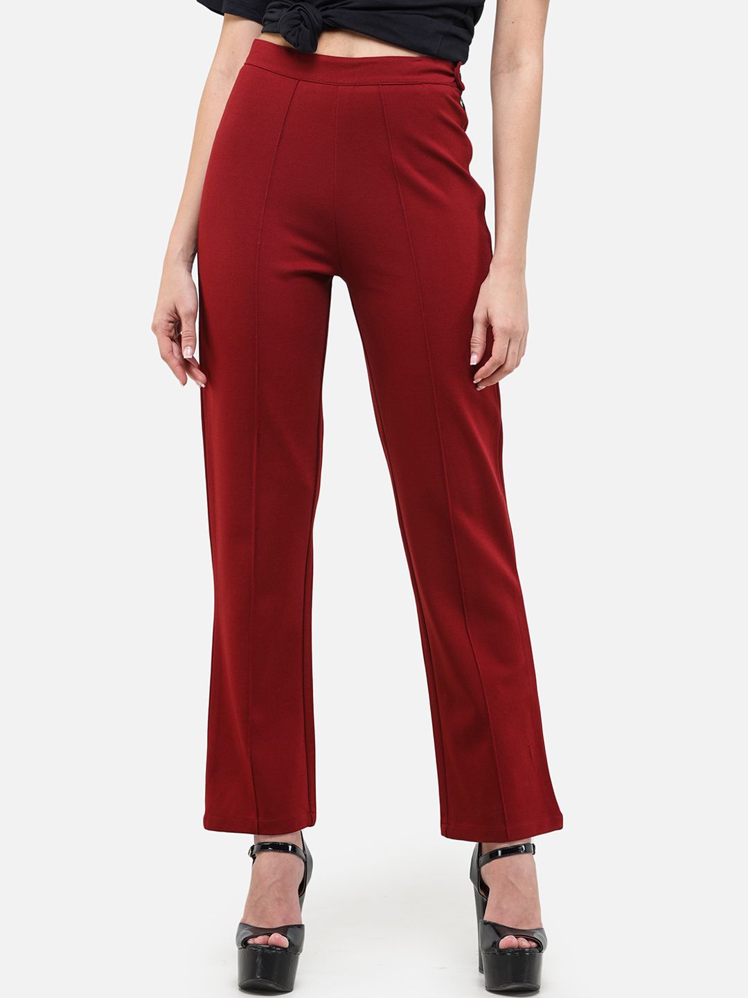 DECHEN Women Maroon Regular Fit Solid Regular Trousers Price in India