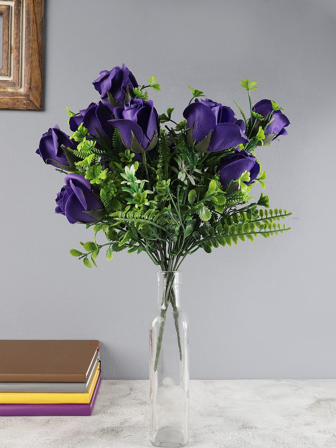 FOLIYAJ Set Of 2 Green & Purple Artificial Roses Flower Sticks Without Pot Price in India