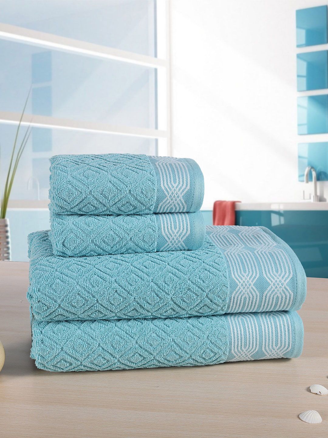 RANGOLI Set Of 4 Blue & White Self Design 500 GSM Jacquard Towel Set Price in India