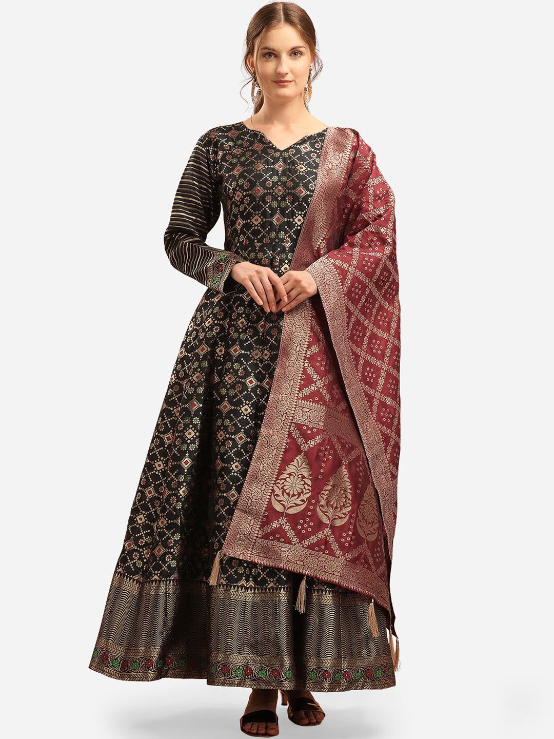 PURVAJA Women Black Woven Design Semi-stitched Maxi Gown Price in India