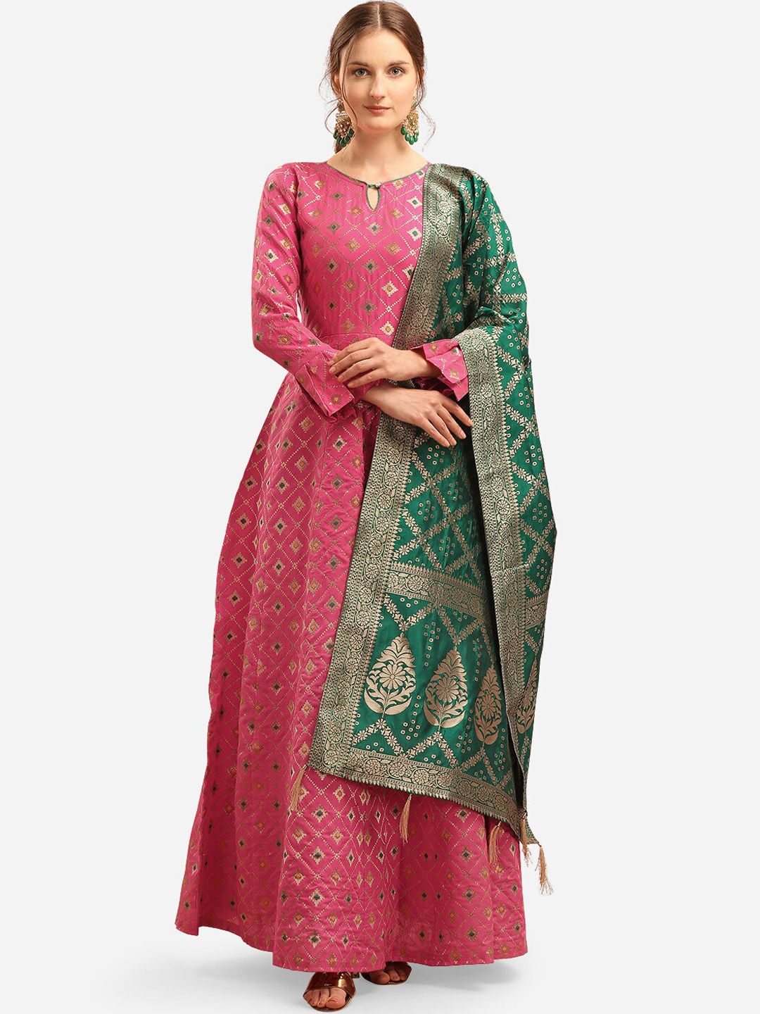 PURVAJA Women Pink & Golden Self-Design Semi-Stitched Maxi Dress with Dupatta Price in India