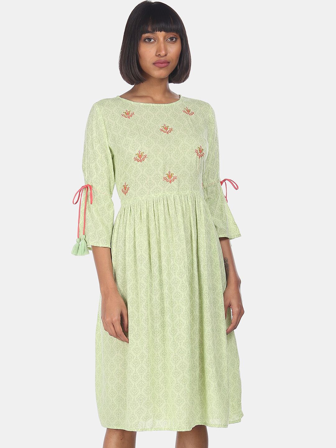 Karigari Women Green Printed Fit and Flare Dress Price in India