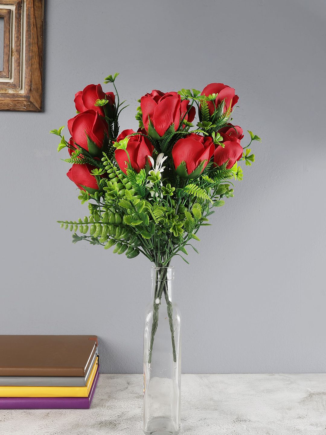 FOLIYAJ Set Of 2 Red & Green Artificial Rose Bunches Price in India