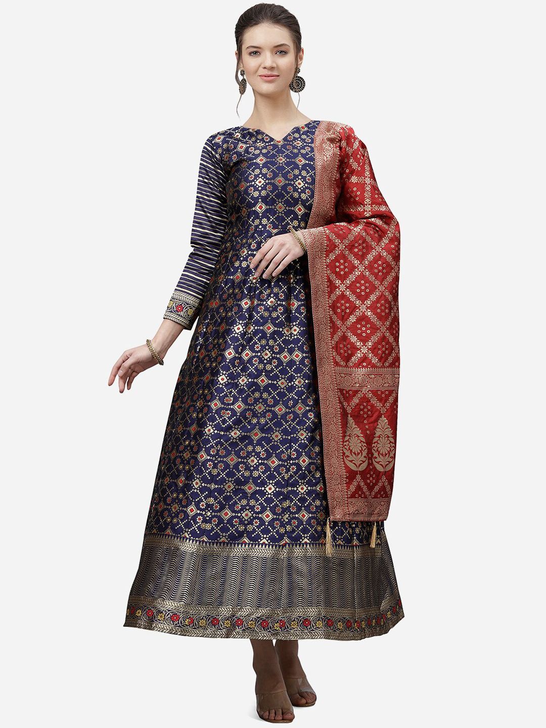 PURVAJA Women Navy Blue & Golden Semi Stitched Jacquard Self Design Gown