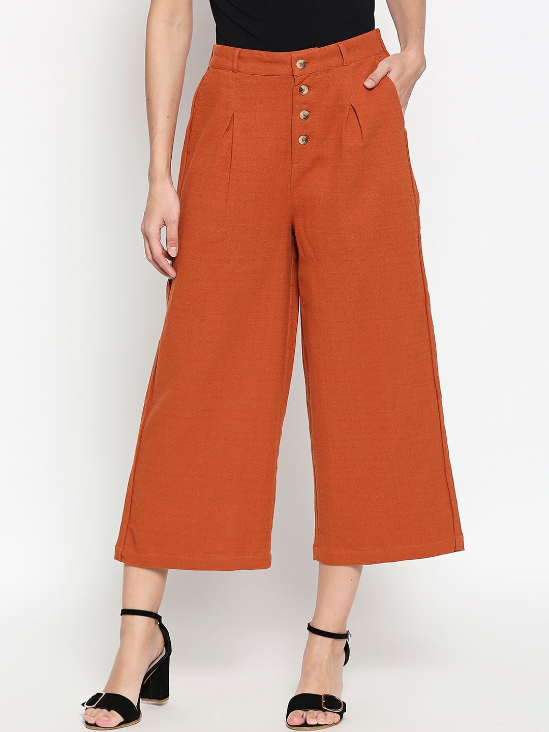 People Women Rust Orange Regular Fit Solid Culottes