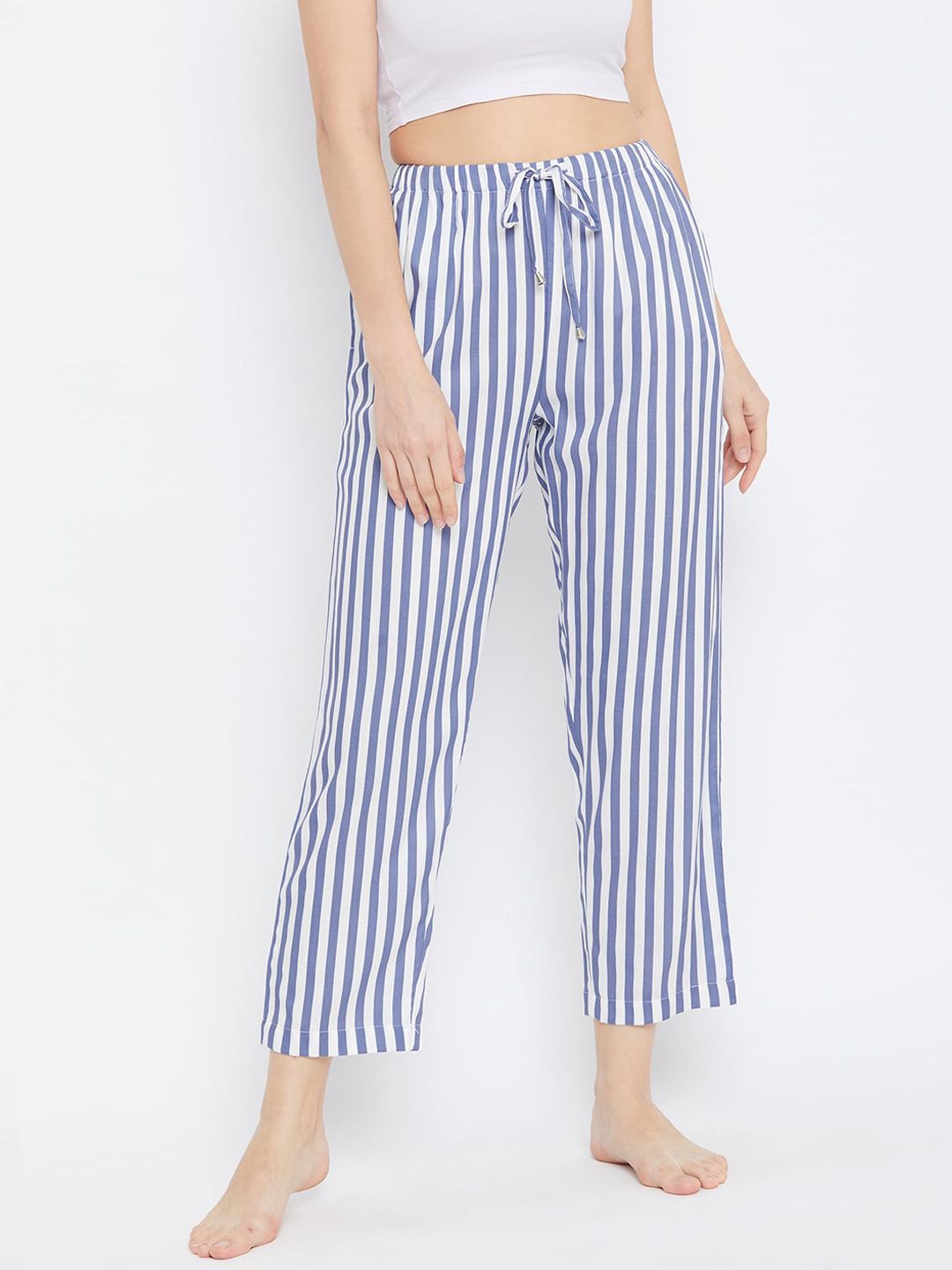 Hypernation Women White & Blue Striped Lounge Pants Price in India