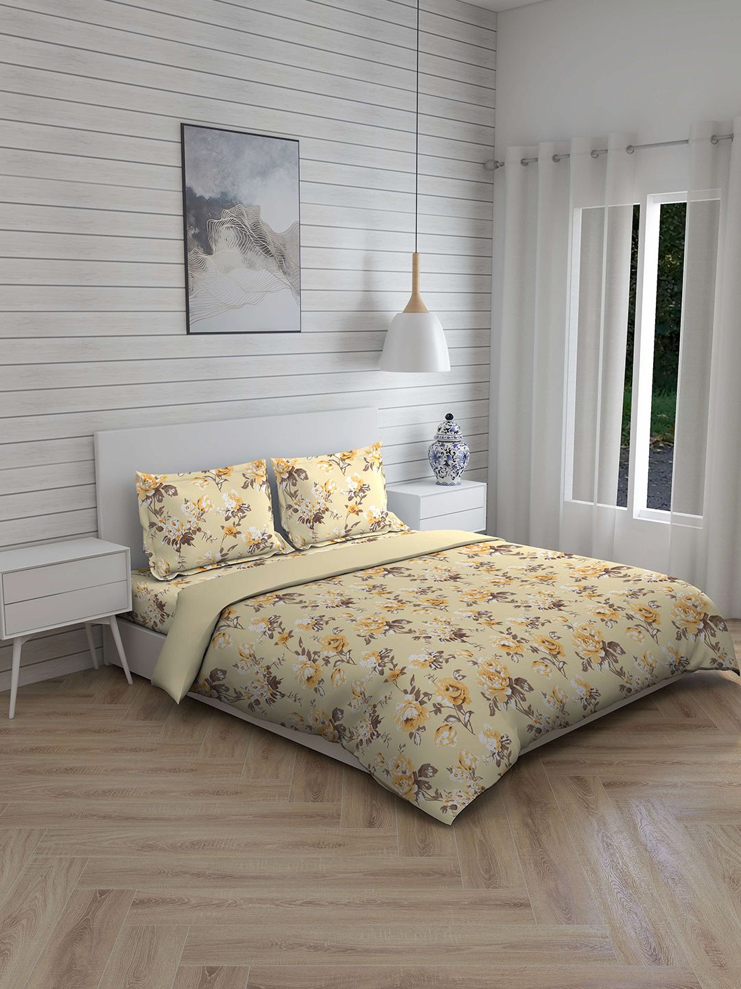 Boutique Living India Yellow & Brown Printed Pure Cotton 200 TC Double King Bedding Set Price in India