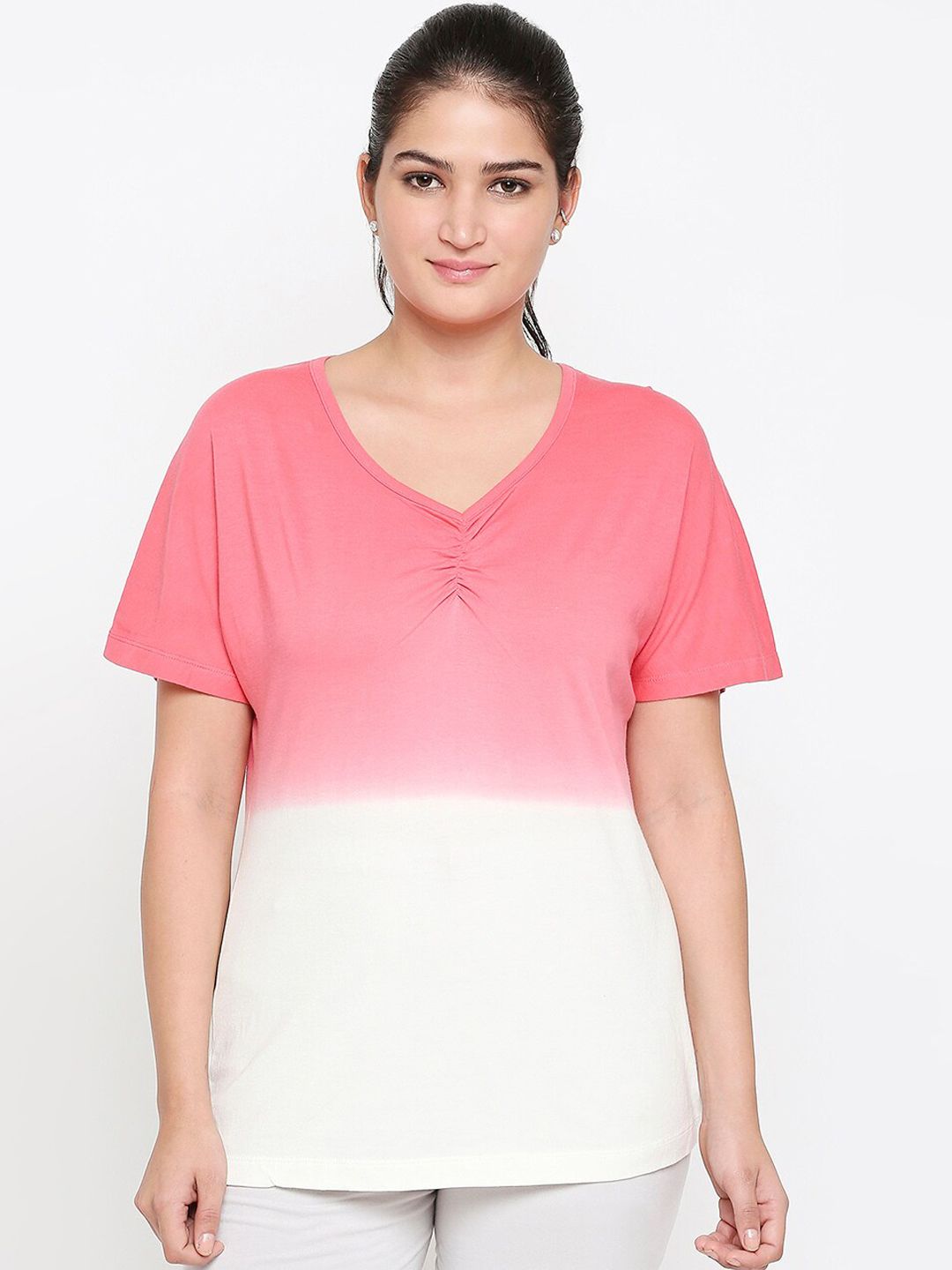 XIN Women Pink & White Dyed Round Neck Pure Cotton Lounge T-shirt Price in India