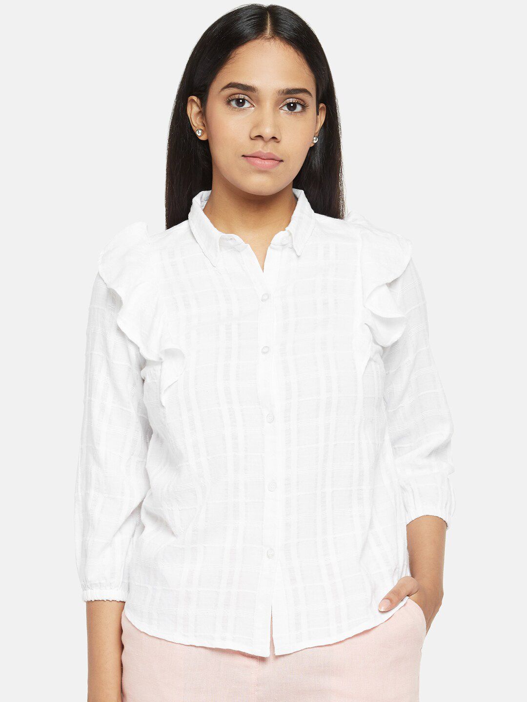 People Women White Self Checked Regular Fit Ruffled Casual Shirt