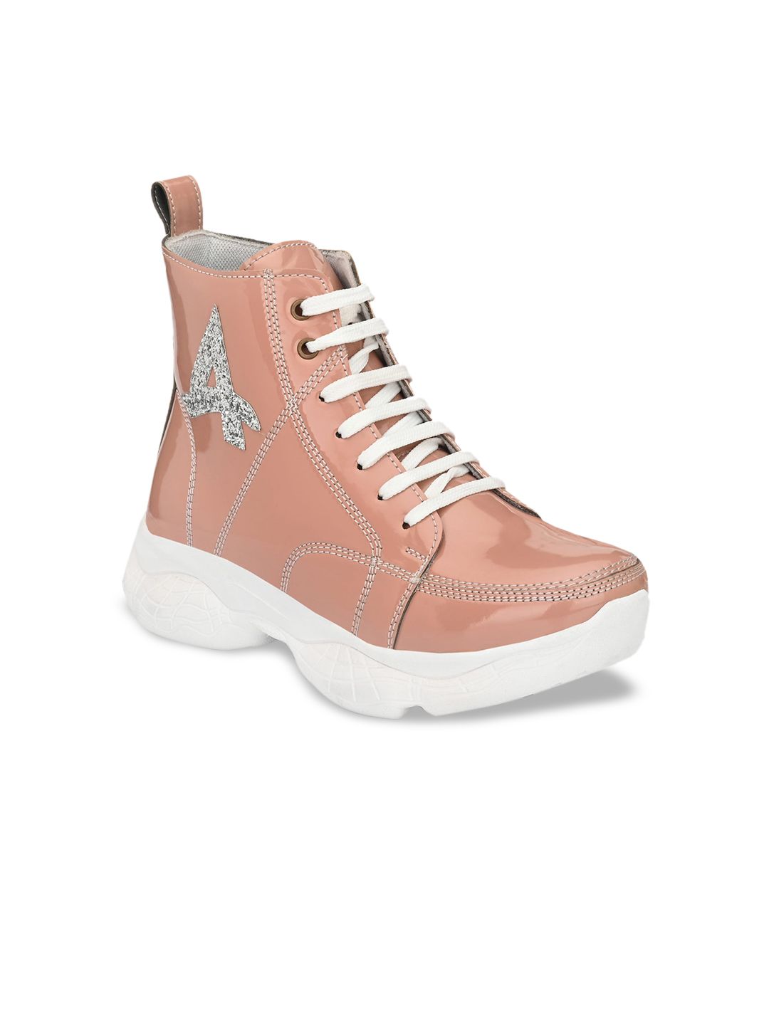 AfroJack Women Pink & White Mid-Top Synthetic Leather Sneakers Price in India