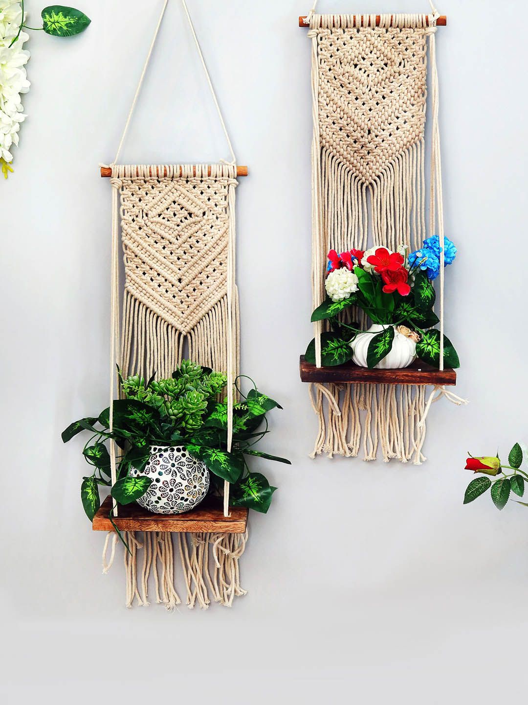 Homesake Set Of 2 Beige Woven Macrame Wall Hanging Floating Storage Shelves Price in India