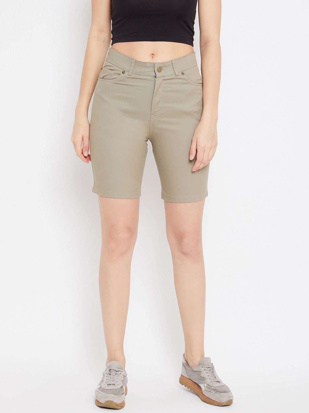 Hypernation Women Beige Solid Slim Fit Regular Shorts