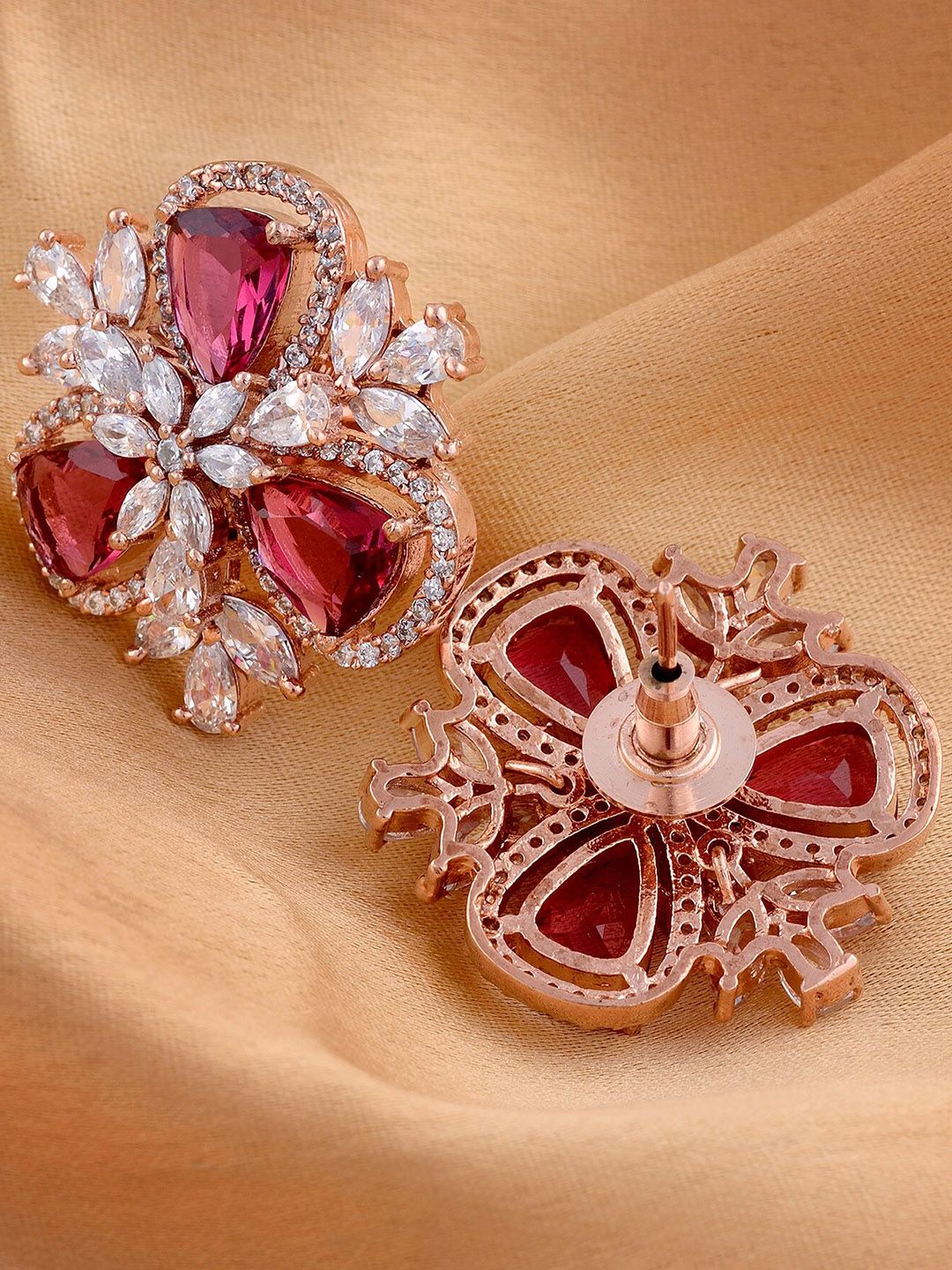Saraf RS Jewellery Rose Gold-Plated & Red AD  Floral Studs Price in India