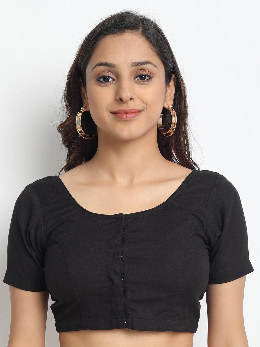 Molcha Women Black Solid Front Open Non-Padded Pure Cotton Saree Blouse Price in India