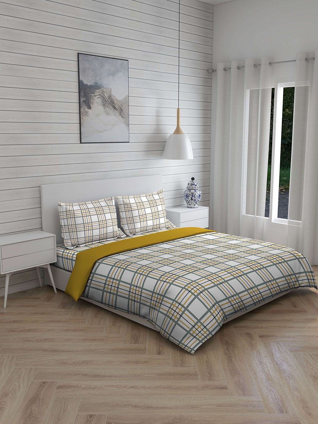 Boutique Living India Mustard Yellow & White Checked Pure Cotton 220 TC Bedding Set Price in India