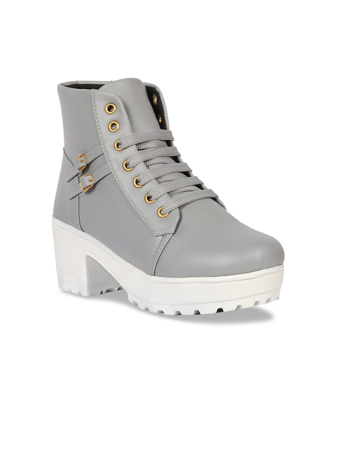 Bella Toes Women Grey Solid Heeled Boots Price in India