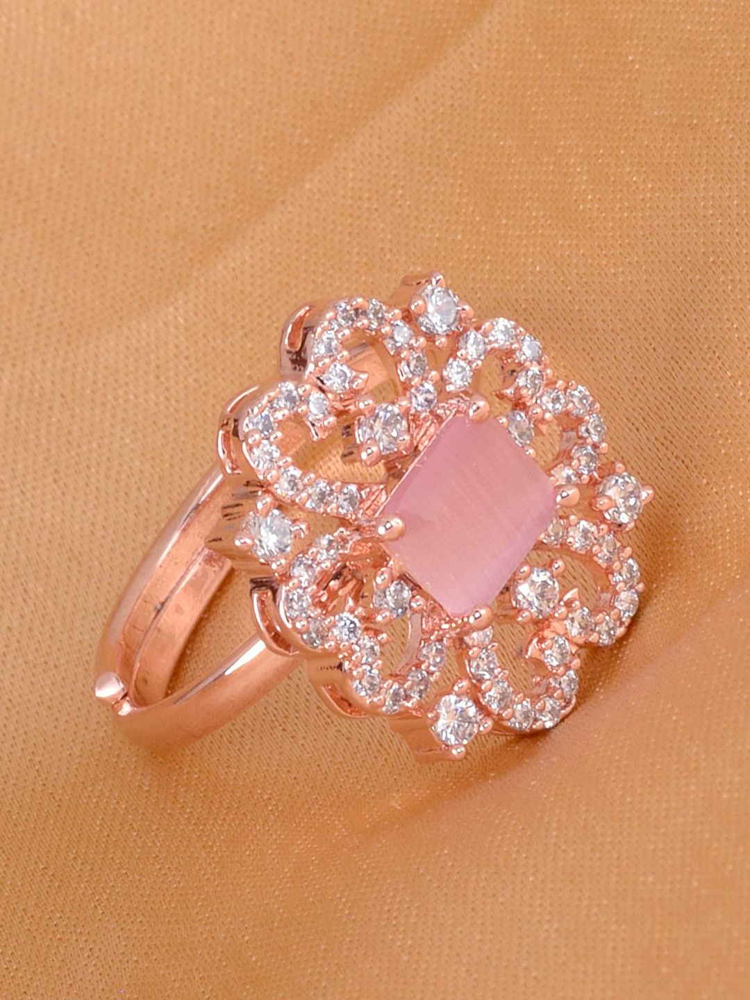 Saraf RS Jewellery Rose Gold-Plated Pink & White AD-Studded Handcrafted Adjustable Finger Ring Price in India