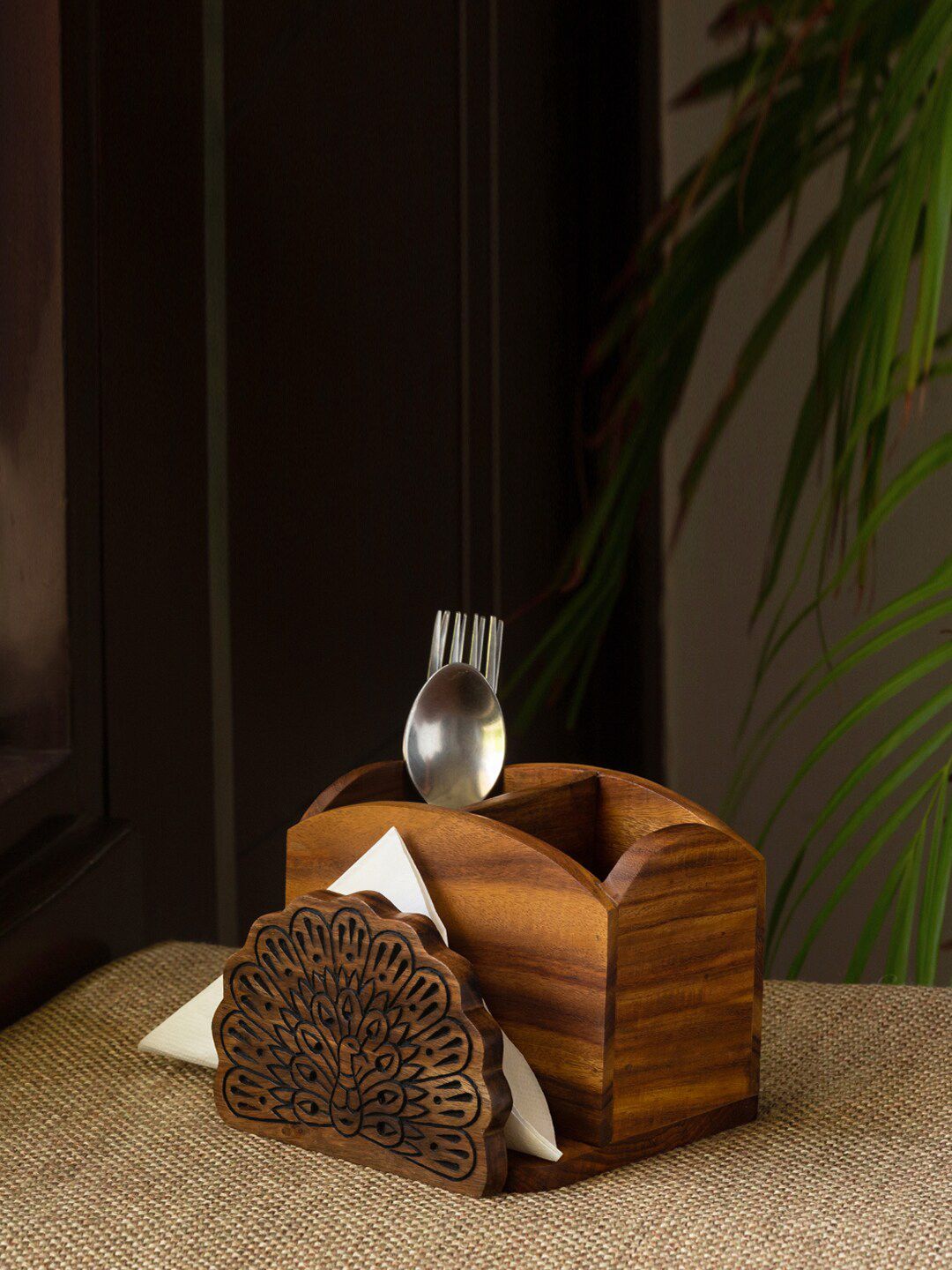 ExclusiveLane Brown Hand Carved Wooden Cutlery and Stationery Holder Price in India