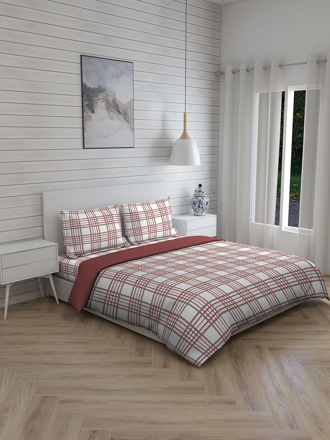 Boutique Living India White & Brown Checked Pure Cotton 220 TC Double King Bedding Set Price in India
